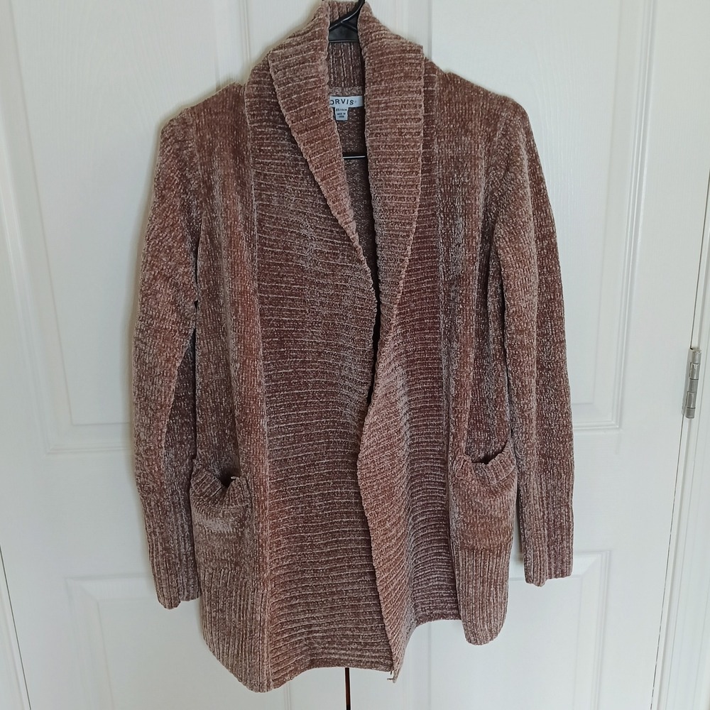 Orvis Cardigan Women XS Brown Excellent Chenille Shawl Collar Open Front Pockets